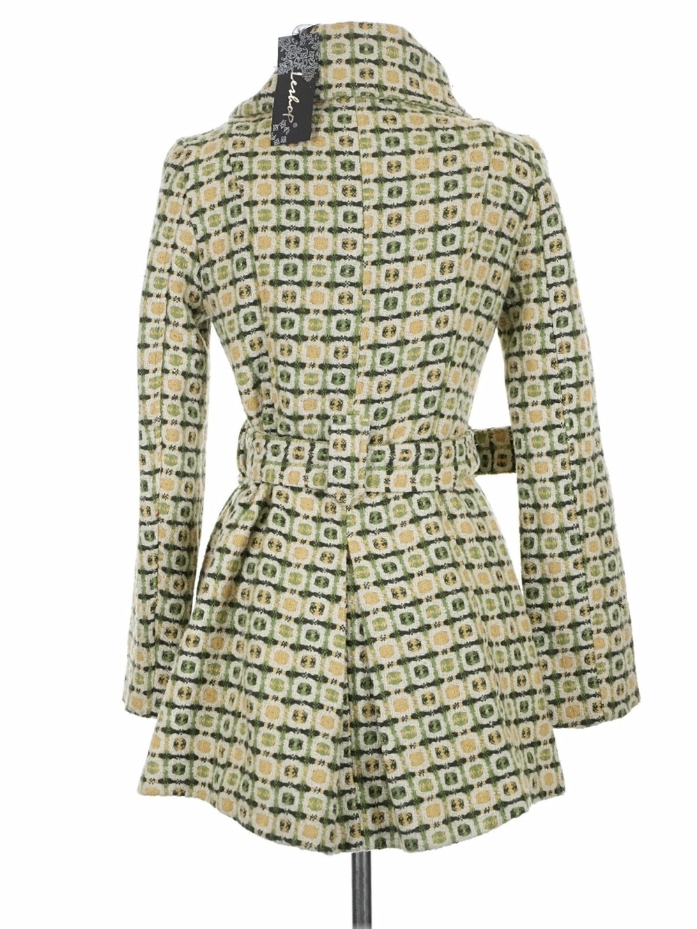 Green, Yellow, and Cream Geometric Pattern Belted Trench Coat Austin Powers Vibe - Picture 4 of 11